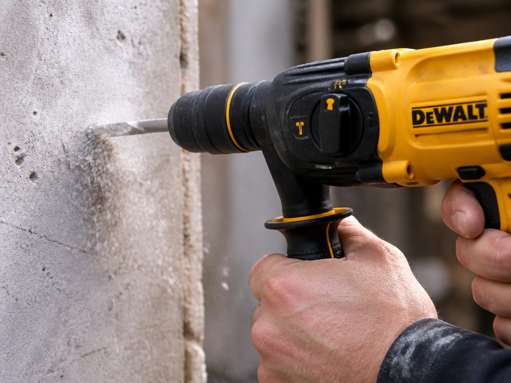 Impact drill hammering into concrete with light operator pressure.