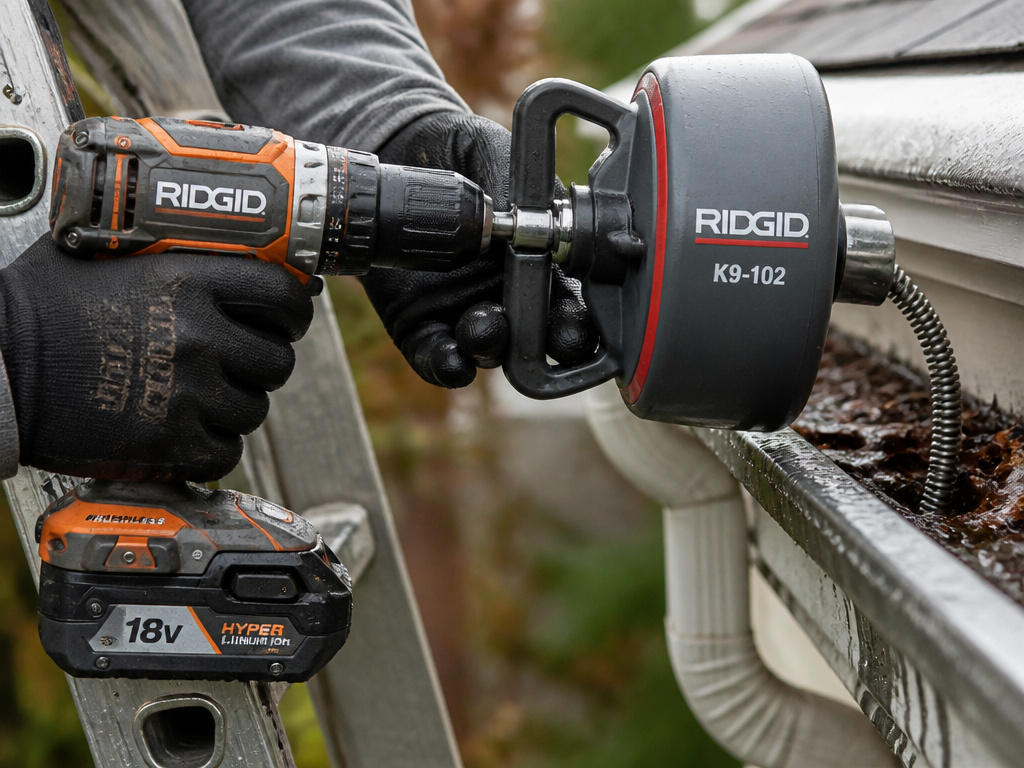 Battery-powered drill with clutch attached to drain cleaner for gutter work.
