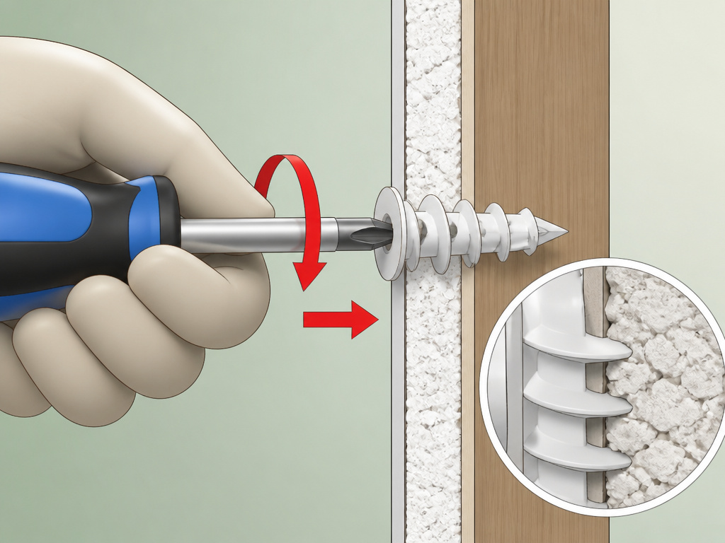 Cross-section diagram of installing a drywall anchor by hand with a screwdriver