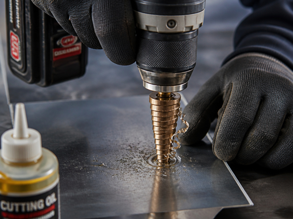 Close-up of a step drill bit cutting into lubricated sheet metal.