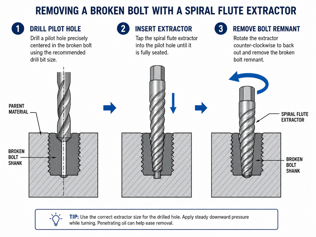 Diagram of drilling a pilot hole and using an extractor on a broken bolt.