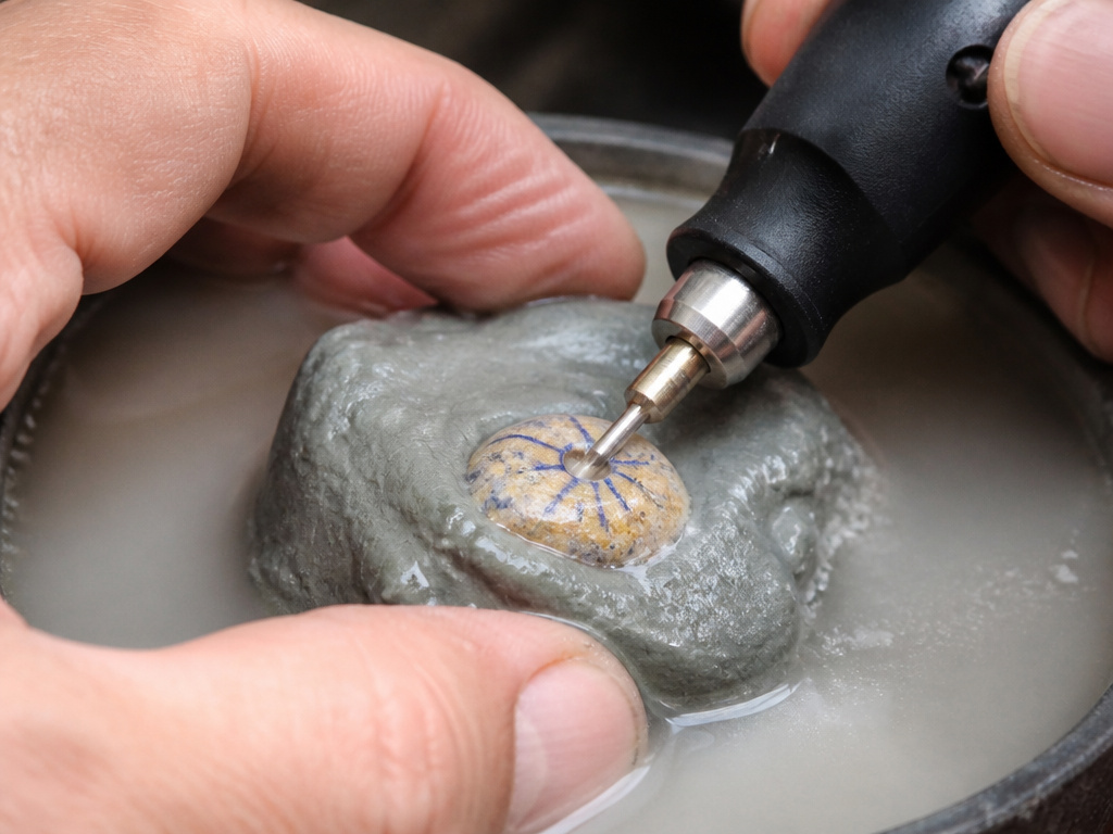 Drilling a hole in a stone for jewelry using a rotary tool and water bath.