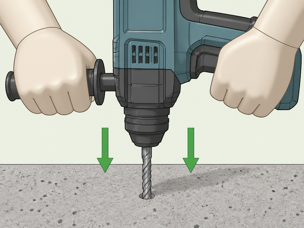 Close-up of hands using a hammer drill on a marked concrete surface.