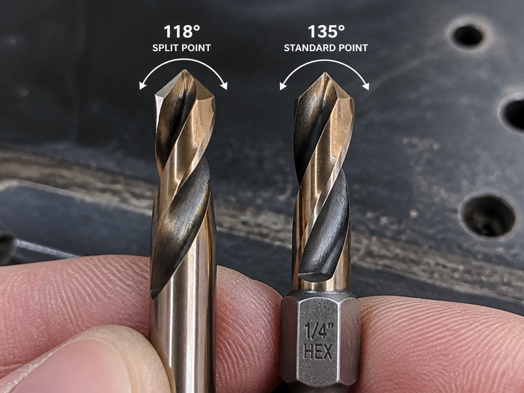 Close-up comparison of drill bit point angles and shank designs for metalworking.