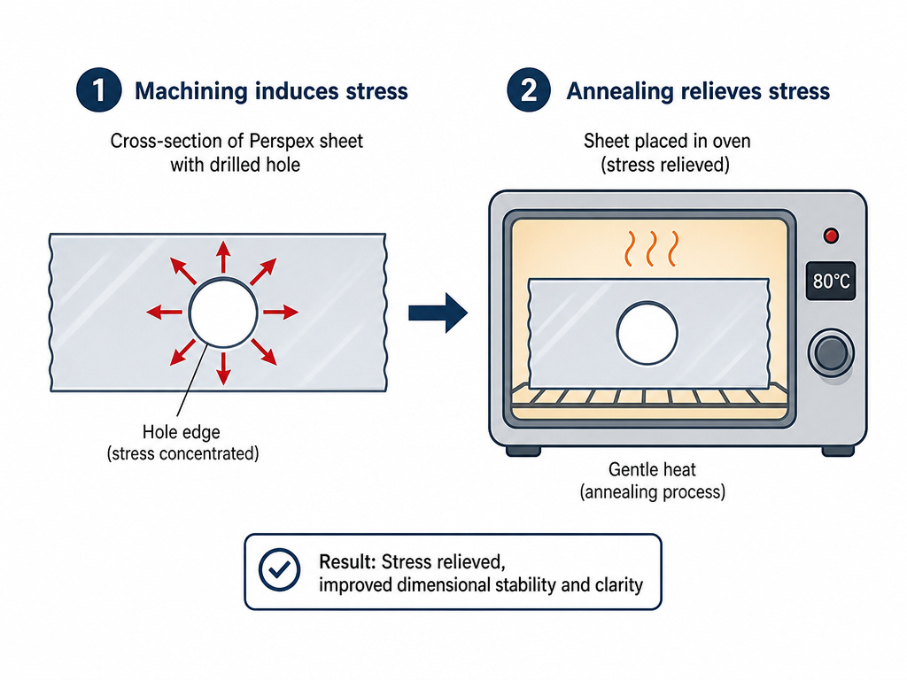 Diagram of annealing process to relieve stress after drilling Perspex.