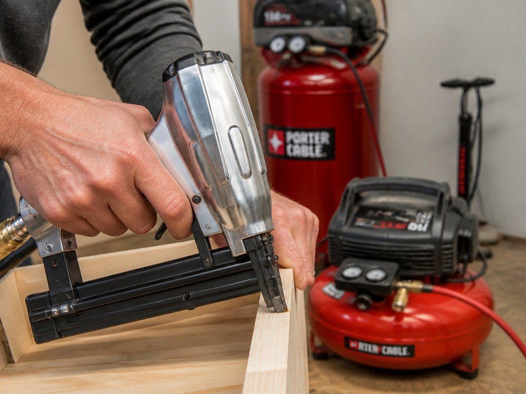 Air compressor powering a nailer versus a basic air pump for DIY tasks.