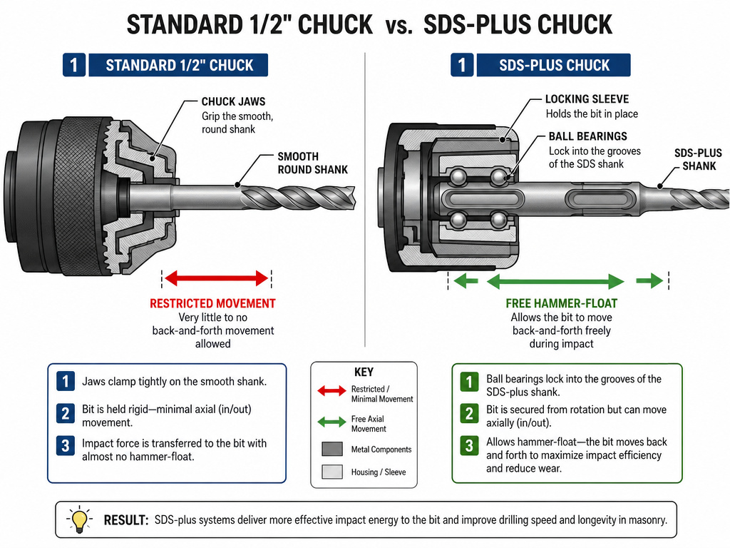 Diagram comparing standard chuck vs SDS chuck mechanisms for hammer drills and rotary hammers.