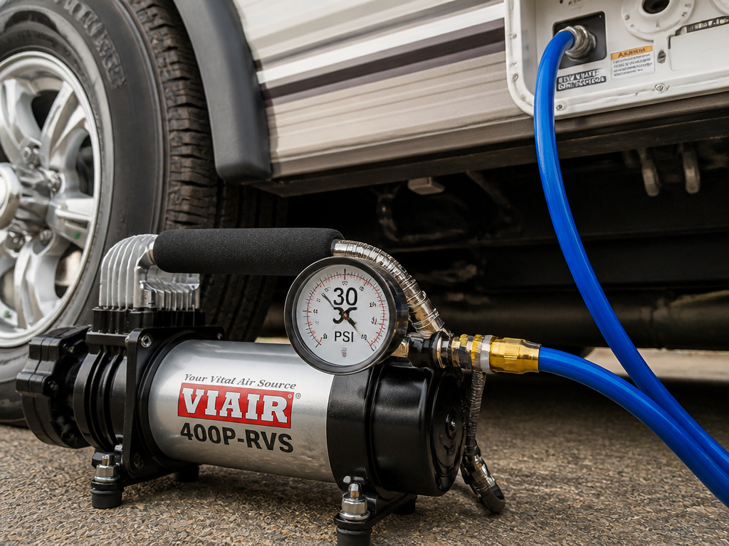 Portable 12V air compressor connected to an RV for winterization blowout.