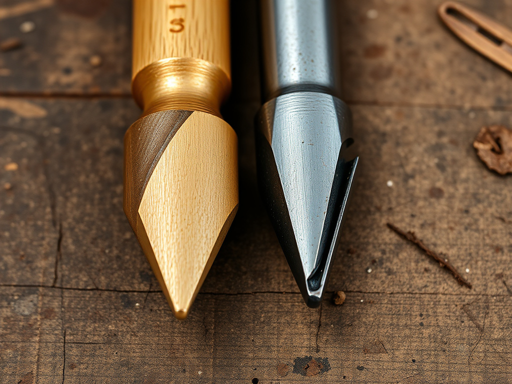 Close-up comparison of a wood drill bit brad point and a metal drill bit split point