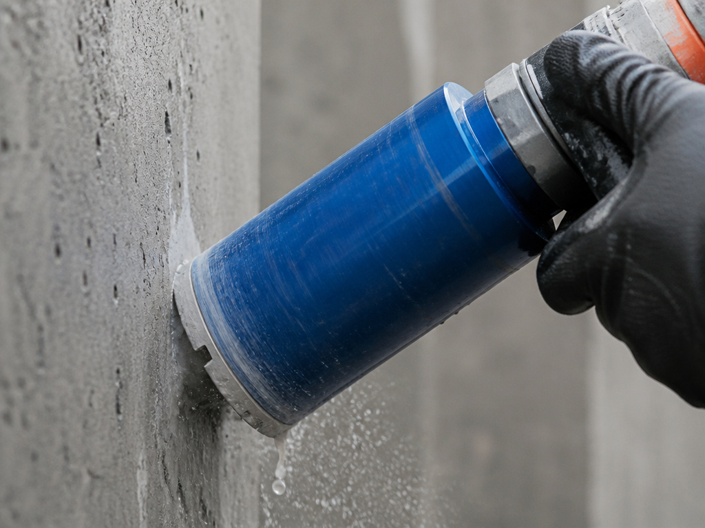 Starting a core drill hole at a 45-degree angle on concrete to prevent skating.