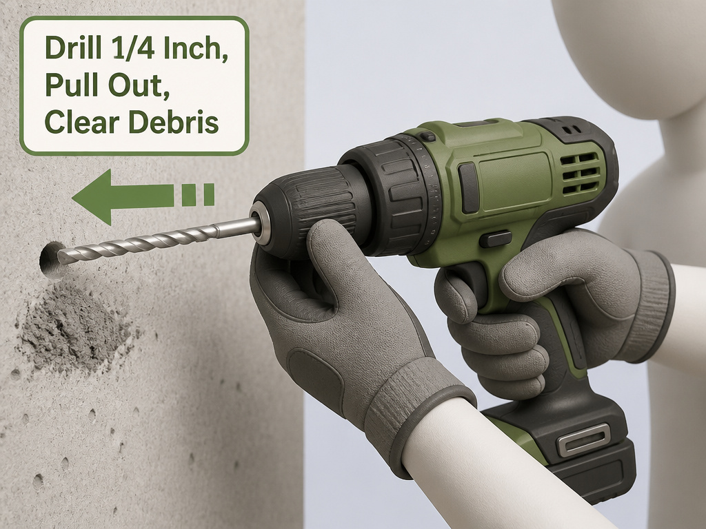 Close-up diagram of the drill, clear, repeat method for drilling concrete without a hammer drill.