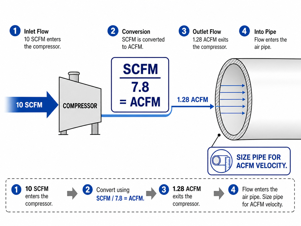 Diagram converting SCFM to ACFM for correct air pipe sizing.