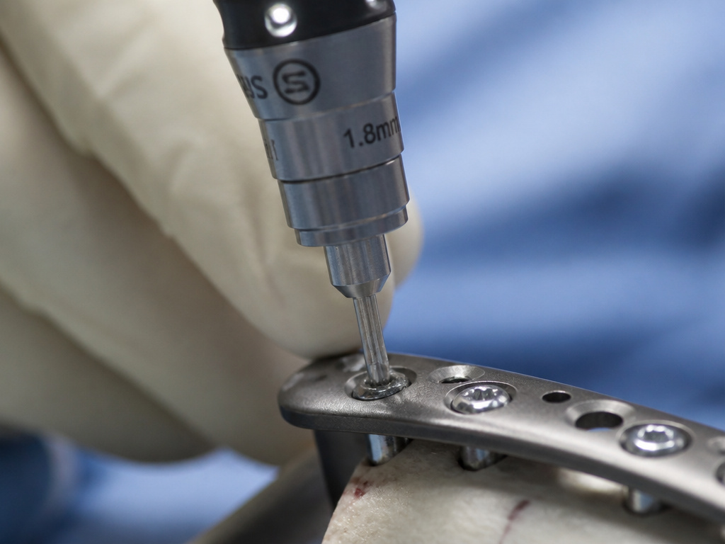 Single-use surgical drill bit removing a damaged metal screw from implant