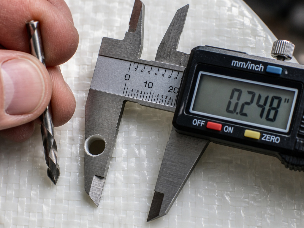 Close-up measurement of a drilled fiberglass hole showing undersize tolerance.