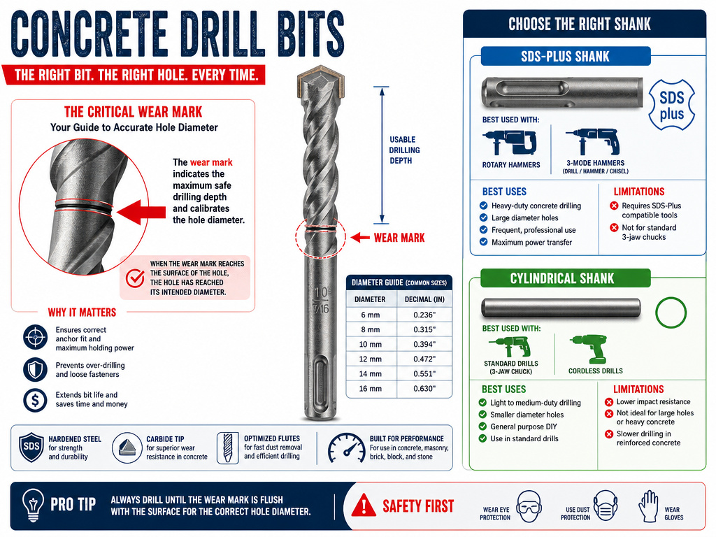 Concrete drill bit infographic highlighting wear mark and comparing SDS-Plus vs cylindrical shanks.
