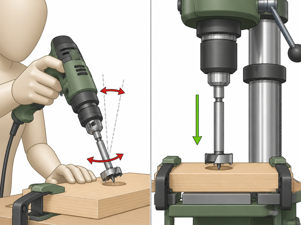 Drill press versus handheld drill stability for using a Forstner bit.