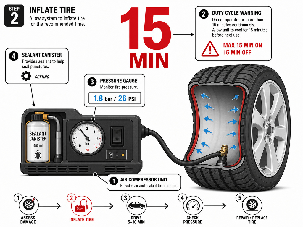 Tire repair countdown diagram showing compressor duty cycle and pressure requirement.