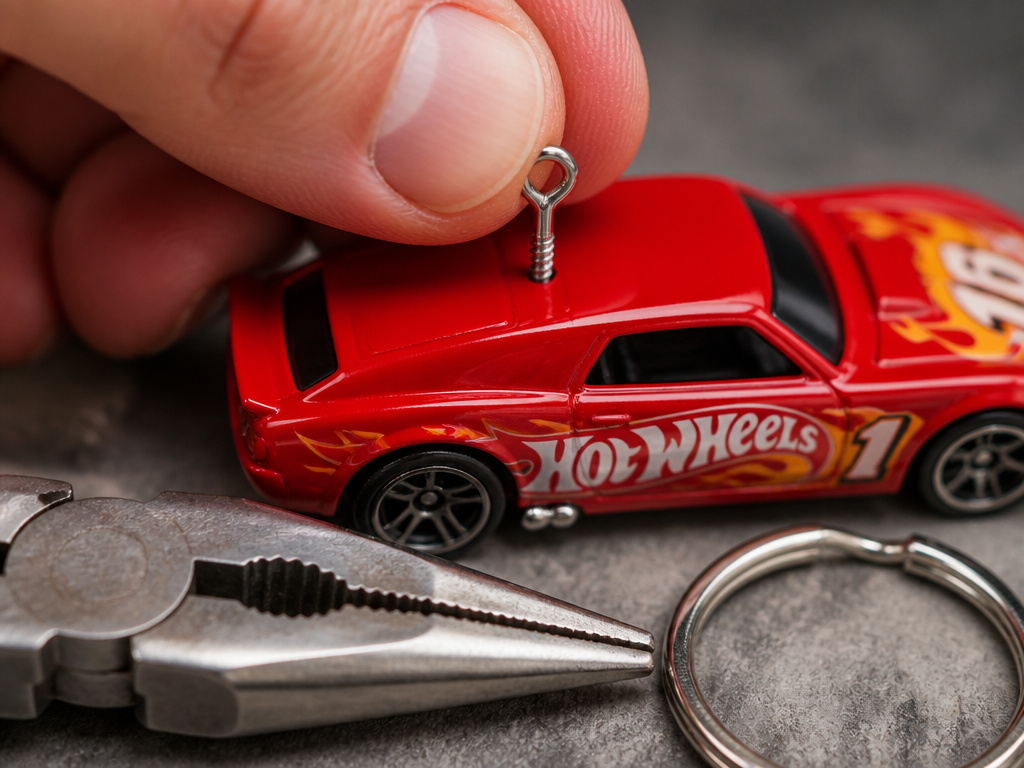 Manually screwing an eye screw into a Hot Wheels car roof for a keychain