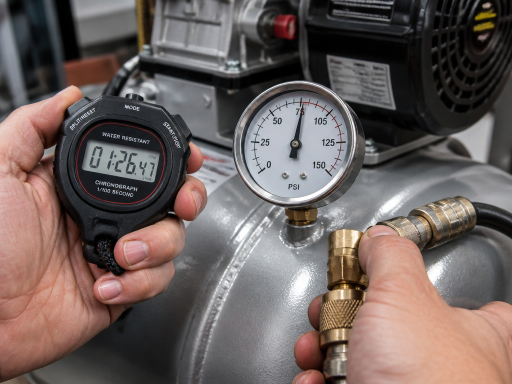 Man measuring air compressor CFM with a stopwatch and pressure gauge test.