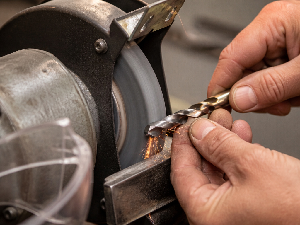 Close-up of hands performing the lift and twist motion to sharpen a drill bit.