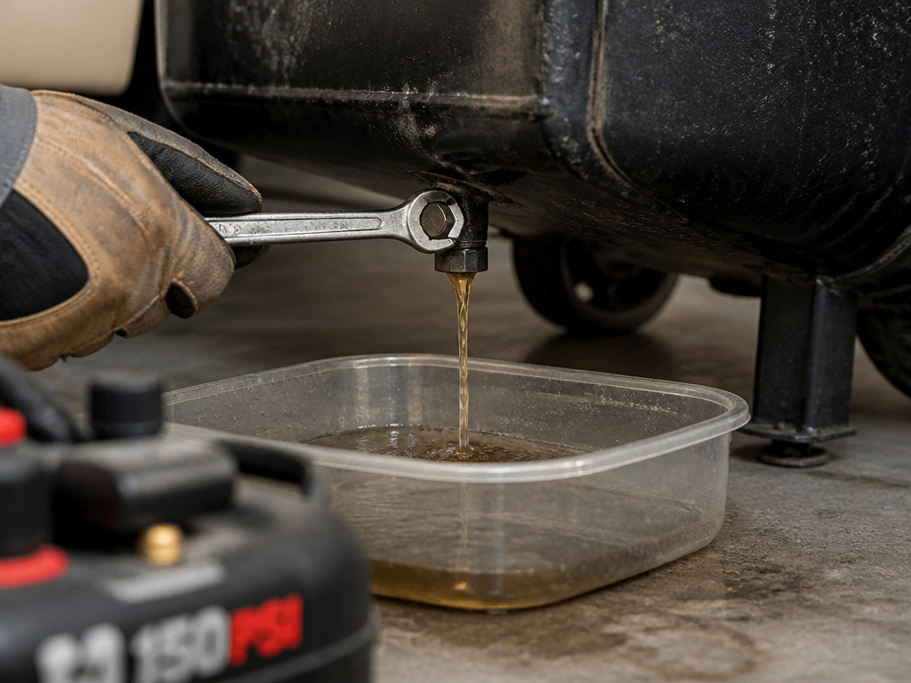 Maintenance of a hotdog air compressor, draining condensation water from the tank.
