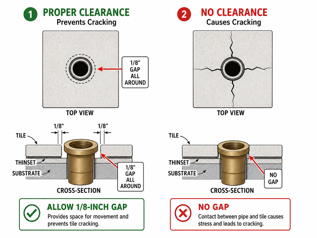 Diagram showing required clearance gap for drilling holes in tile.