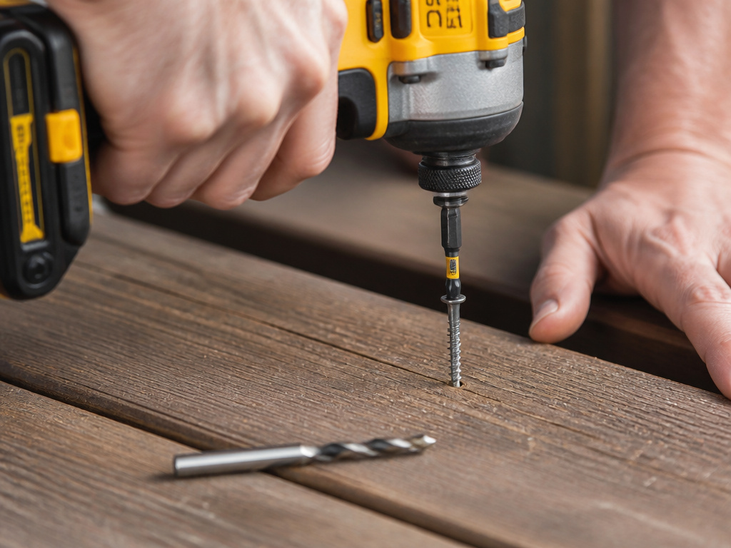 Impact driver driving a long screw into wood with correct impact-rated bit.