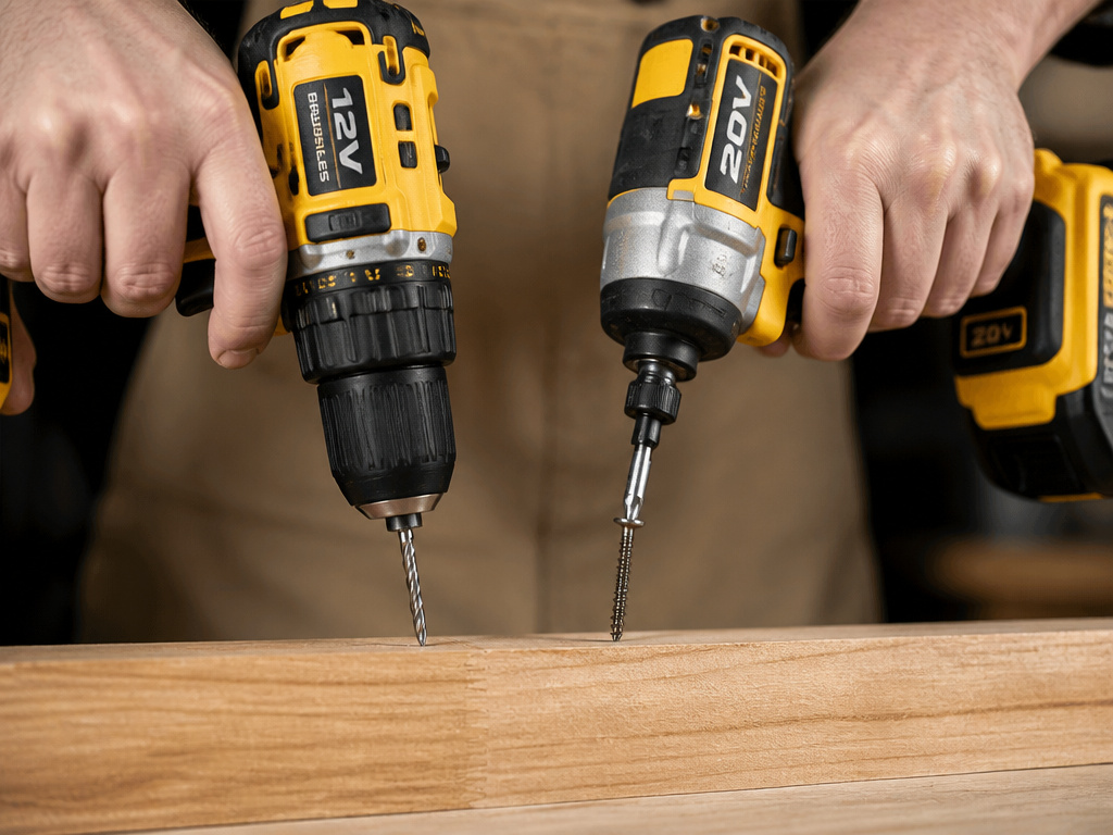 12V drill and 20V impact driver used together for drilling and fastening.