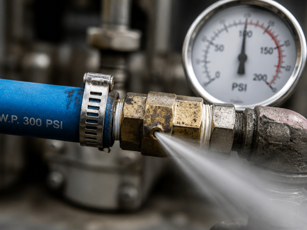 Compressed air hose leak wasting energy in an industrial air compressor system