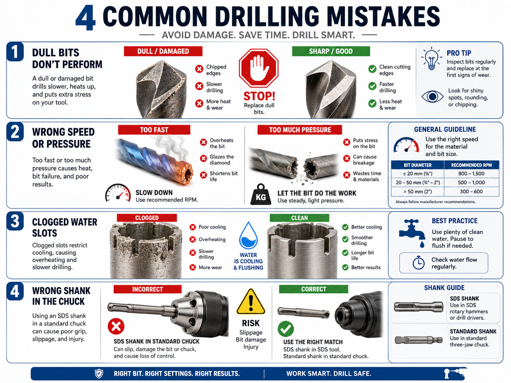 Infographic on avoiding common drill bit mistakes like dull bits and wrong speed