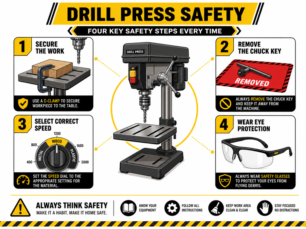 Infographic of the four essential drill press safety checks before operation.