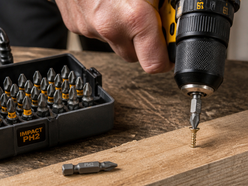 Close-up of a drill with a sharp screwdriver bit in a screw head.