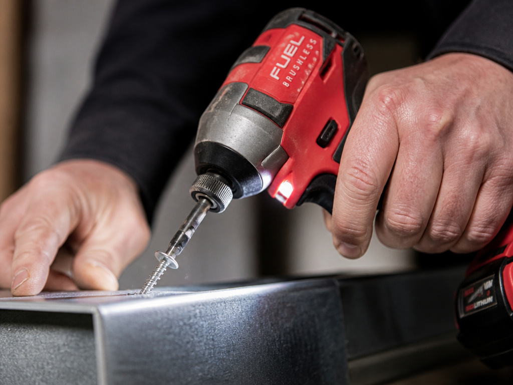 Impact driver driving a self-drilling screw into metal, creating its own pilot hole.