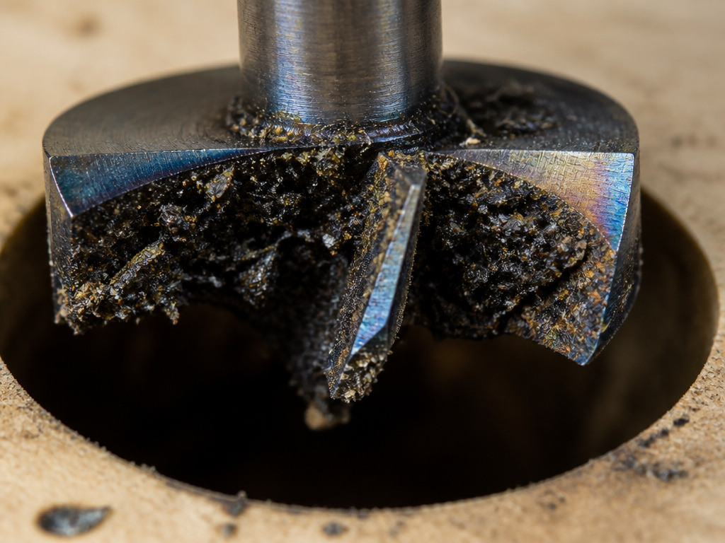 Overheated and blue-tinted Forstner bit ruined by friction and packed wood chips.
