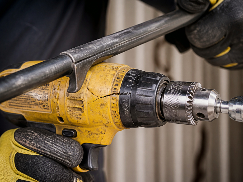 Improper cheater bar on a drill with socket, showing cracked housing from side load.