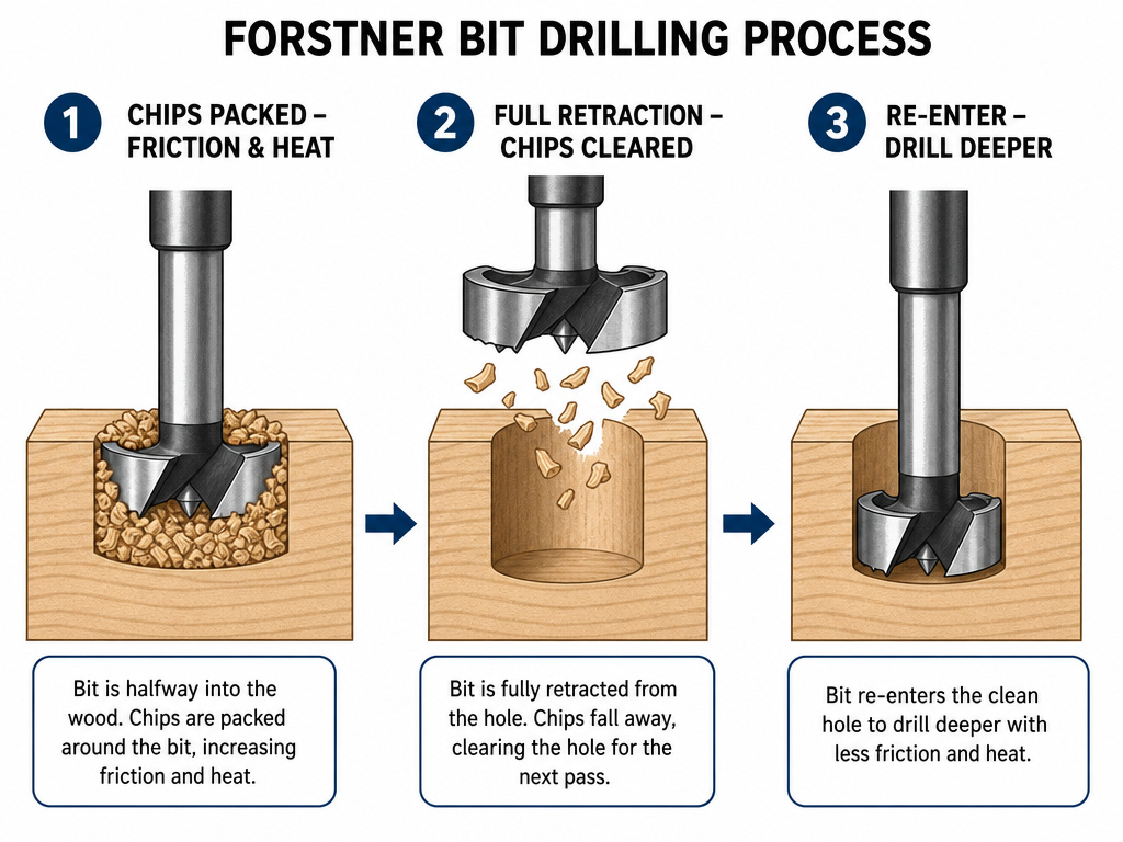 Diagram of peck-drilling cycle with a Forstner bit to prevent overheating.