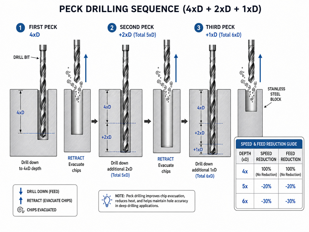 Diagram of peck drilling sequence and speed reduction for deep holes in stainless steel.