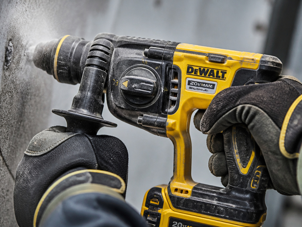 Hands gripping a vibrating impact drill with side handle during concrete drilling.