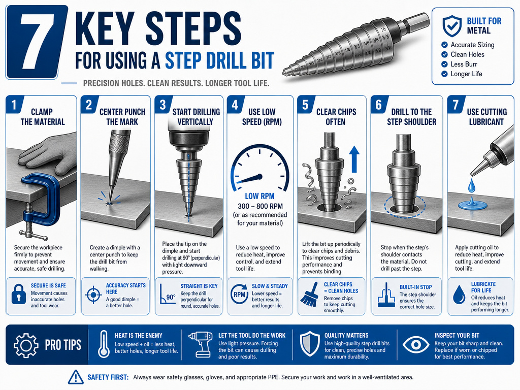 Infographic of seven-step technique for using a step drill bit correctly.