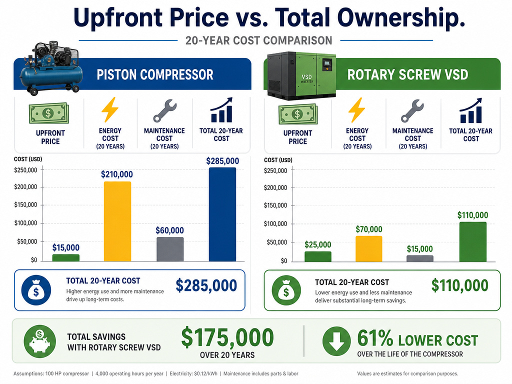 Rotary screw compressor total ownership cost comparison infographic versus piston type.