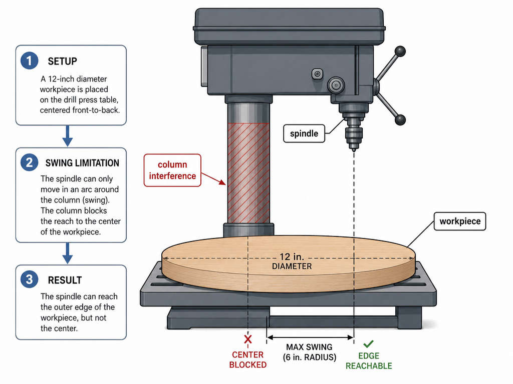 Drill press swing limitation diagram showing column blocking a large workpiece