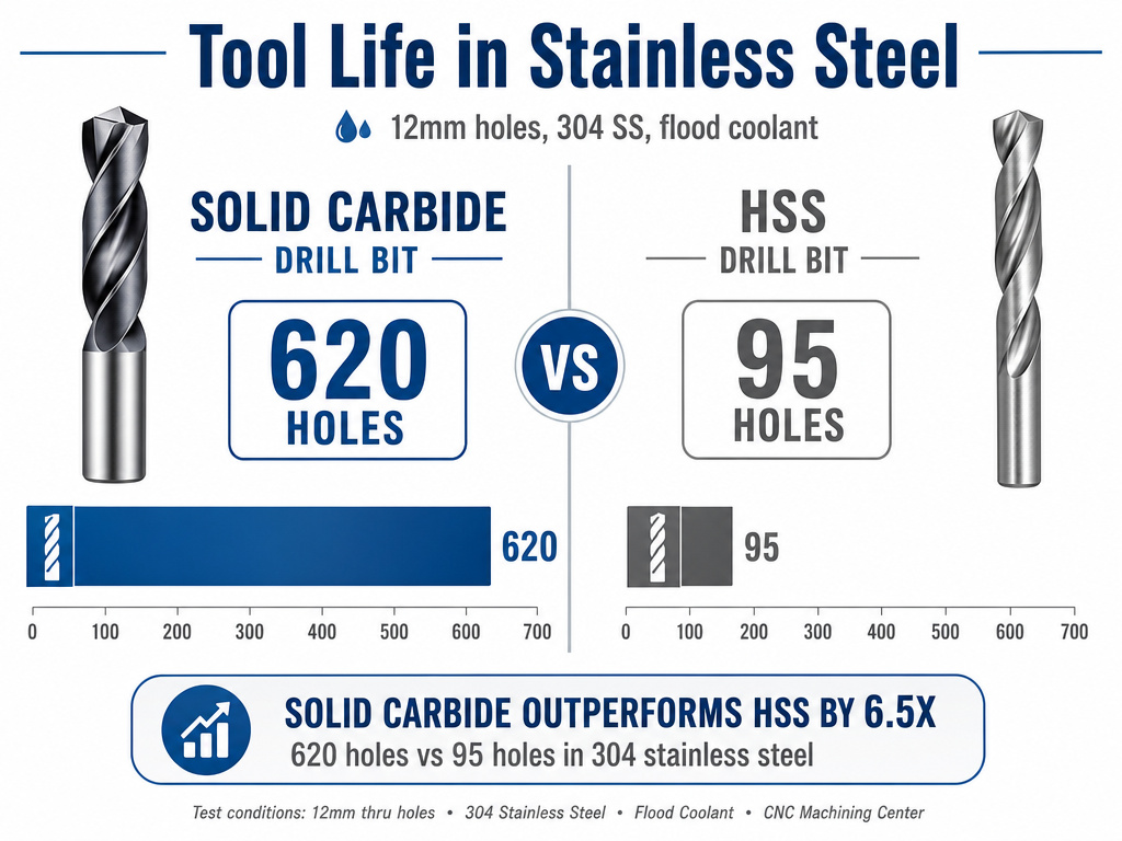 Infographic comparing carbide vs HSS drill bit lifespan in stainless steel test.