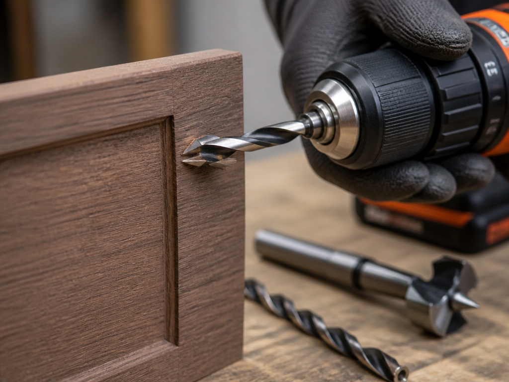 Brad point drill bit drilling clean hole in drawer front for pull installation