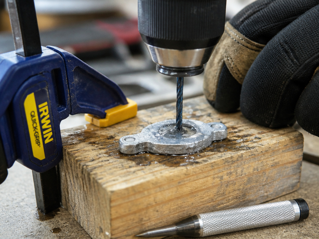 Drilling pot metal with a cobalt bit, cutting fluid, and clamps.