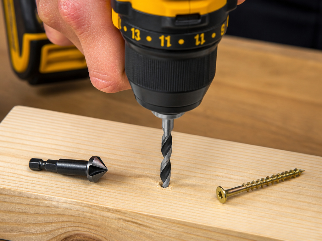 Close-up of a brad-point drill bit creating a pilot hole for a #8 wood screw.