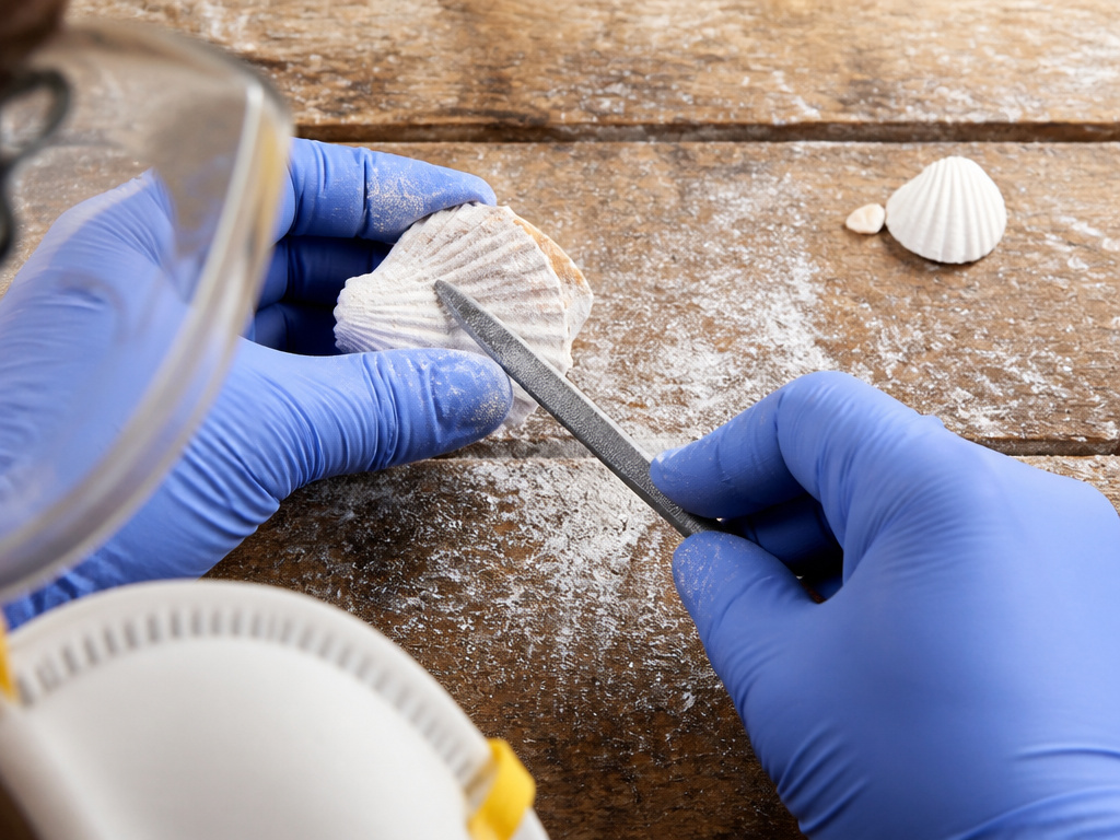 Essential safety gear for filing holes in seashells: mask, glasses, and gloves.
