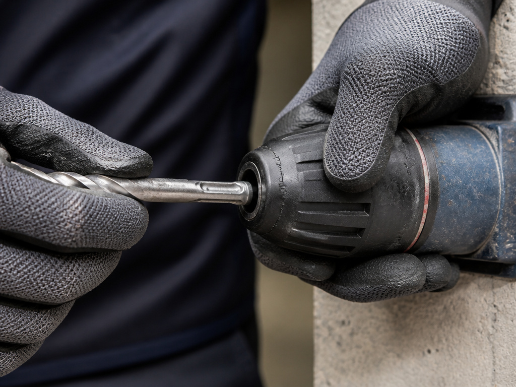 Close-up of an SDS chuck system on a rotary hammer during bit insertion.