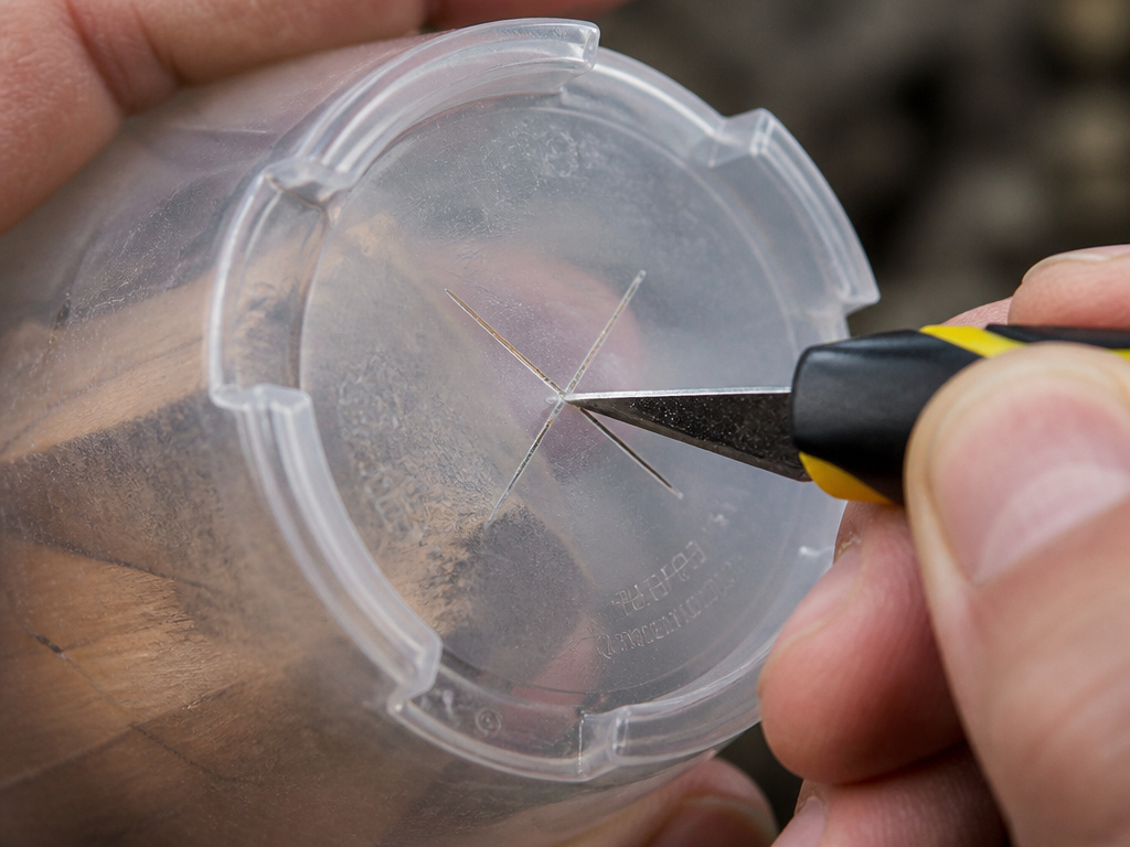 Using a utility knife to score drainage holes in a plastic plant pot
