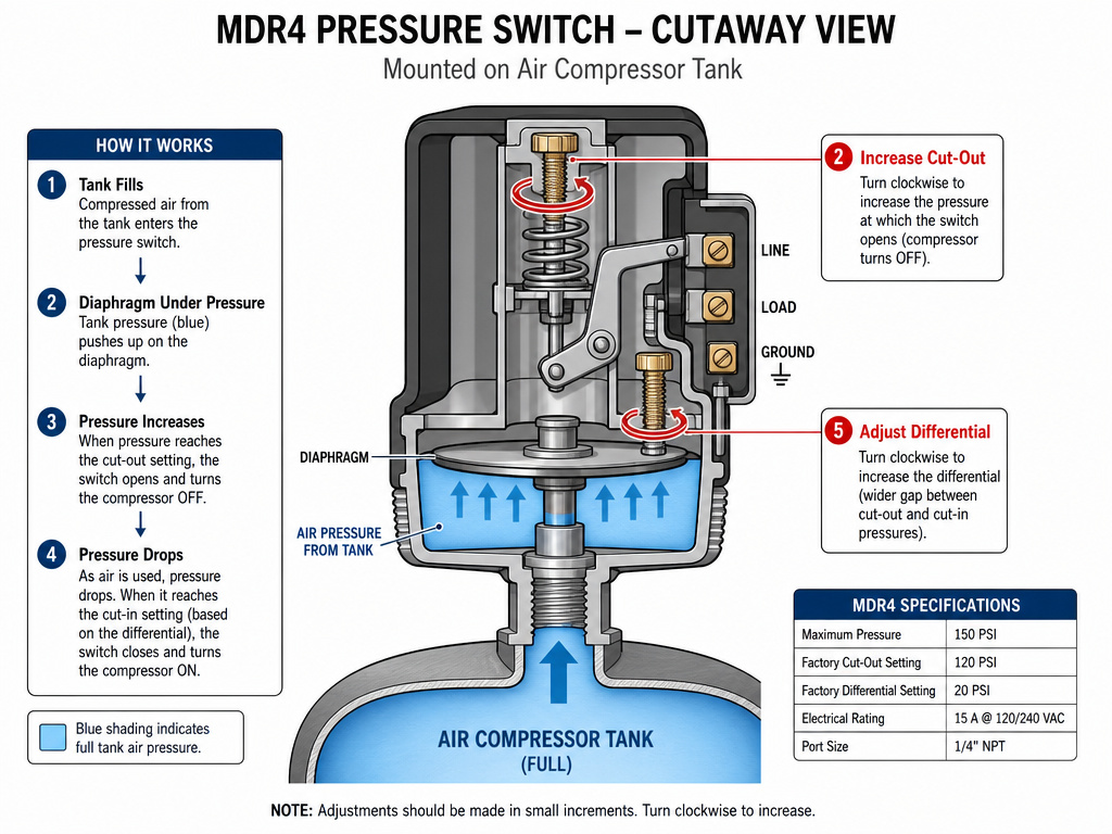 Technician adjusting cut-out and differential on a pressurized MDR4 compressor switch.