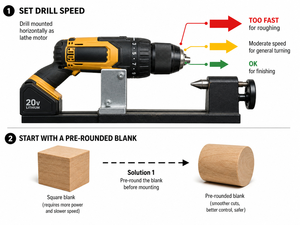Diagram comparing lathe speed solutions for a DIY drill-powered lathe setup.